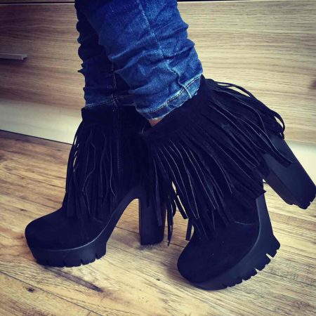 botine negre de dama cu franjuri